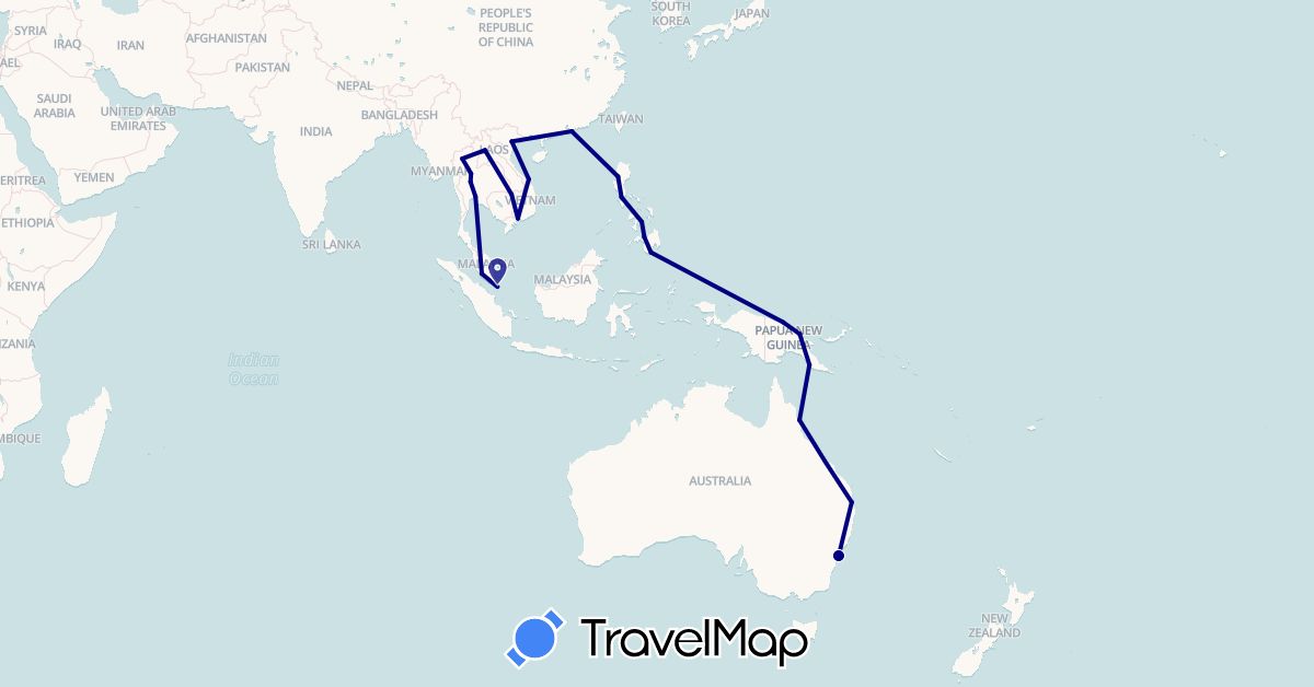 TravelMap itinerary: driving in Australia, China, Laos, Malaysia, Papua New Guinea, Philippines, Singapore, Thailand, Vietnam (Asia, Oceania)