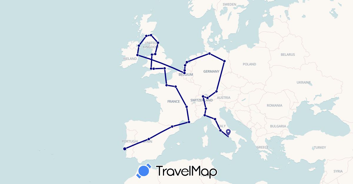 TravelMap itinerary: driving in Andorra, Belgium, Switzerland, Germany, Spain, France, United Kingdom, Ireland, Italy, Liechtenstein, Netherlands, Portugal (Europe)