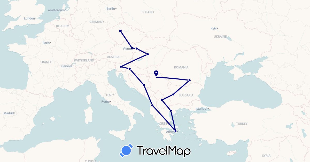 TravelMap itinerary: driving in Albania, Austria, Bosnia and Herzegovina, Bulgaria, Czech Republic, Greece, Croatia, Hungary, Macedonia, Romania, Serbia, Slovenia, Slovakia (Europe)