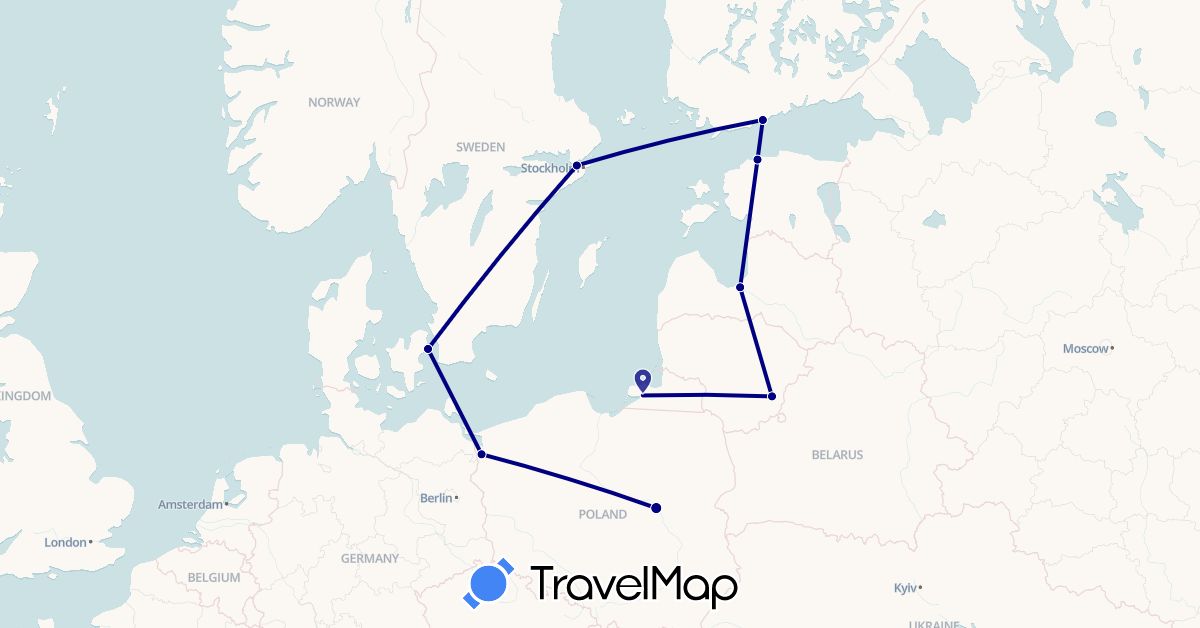 TravelMap itinerary: driving in Denmark, Estonia, Finland, Lithuania, Latvia, Poland, Russia, Sweden (Europe)
