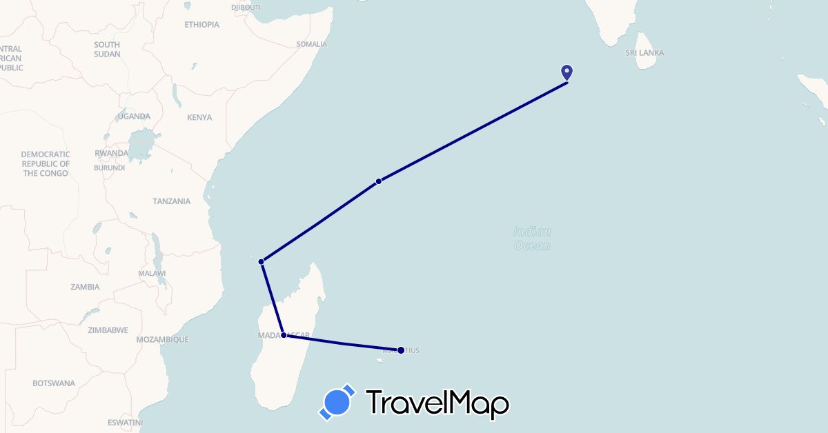 TravelMap itinerary: driving in Comoros, Madagascar, Mauritius, Maldives, Seychelles (Africa, Asia)